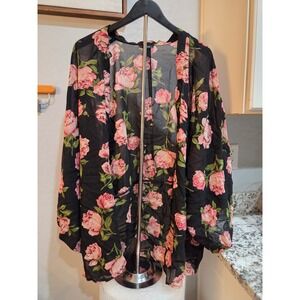 Style House Women 2X Black Pink Floral Sheer Kimono Cardigan Chiffon Cover Up